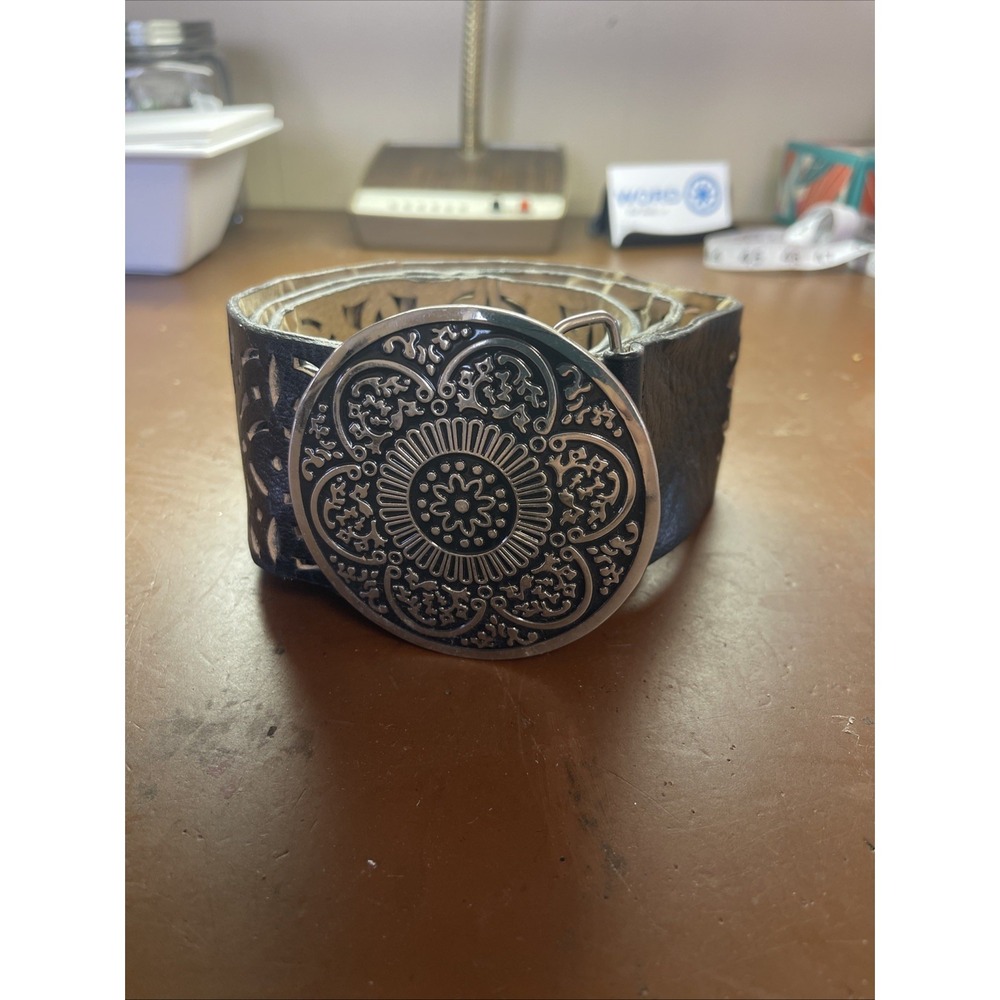 Coldwater Creek Vintage Dark Black Belt Silver Floral Buckle Sz LG Boho Chunky